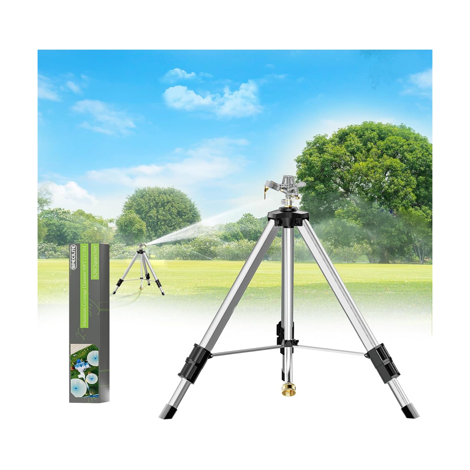 SPECILITE Brass Impact Sprinkler on Tripod Base, Waters up to 90ft, 50 inch | Heavy Duty Metal, 360 Degree Irrigation