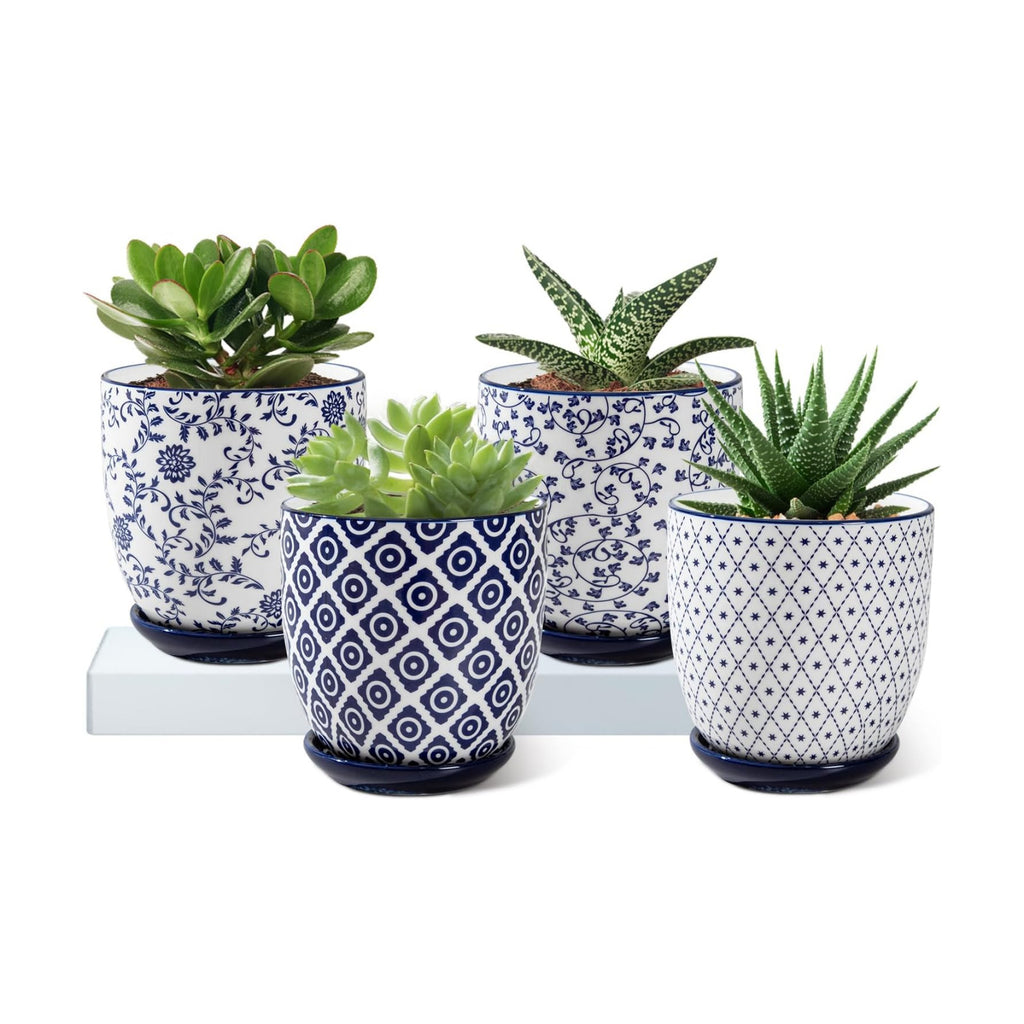 4.6 Inch Ceramic Small Succulent Planter Pots Set of 4 | Flower Pot with Drainage Holes and Saucers for Indoor Plant