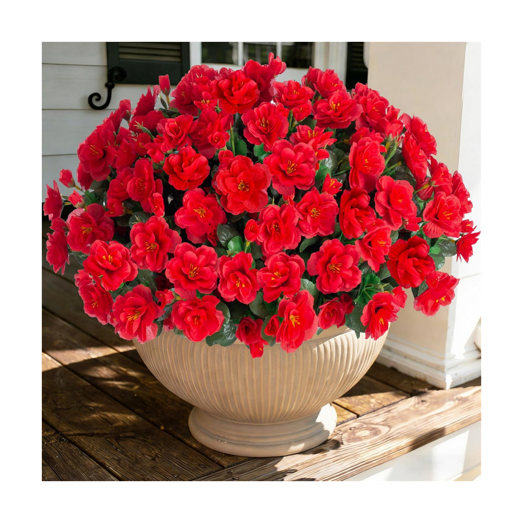 Ivydale Artificial Faux Red Flowers Plants for Outdoor Outside Spring Decor, Fake Silk Camellia UV Resistant Look Real for Planter Porch Patio Balcony Garden Table Indoor, 3 Large Bundles