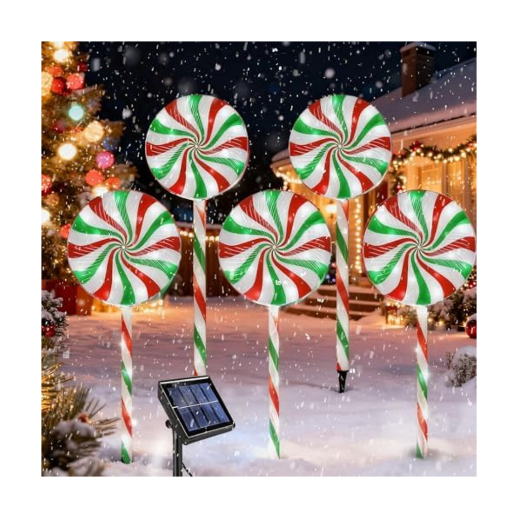 Christmas Solar Lollipop Pathway Lights 5 Pack Outdoor Candy Cane Stake Light with Bow Waterproof Walkway Xmas Outsides Garden Yard Lighting Landscape Decorative Decoration