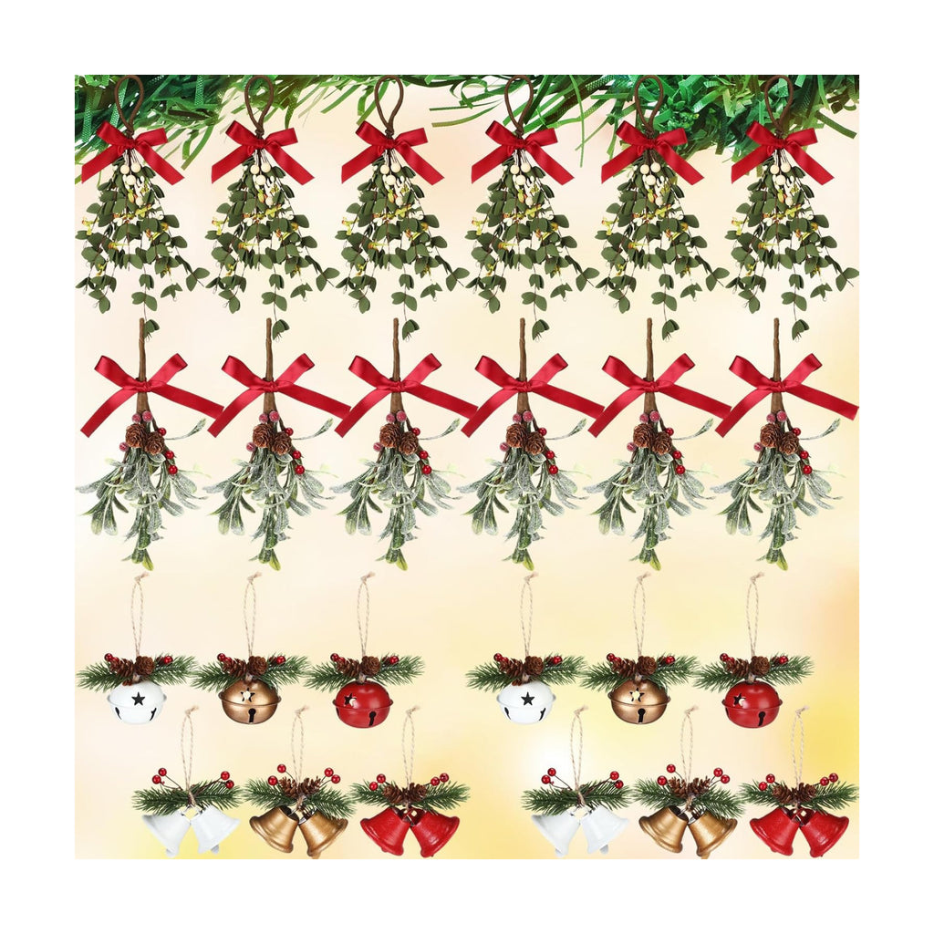 HyDren 24 Pcs Large Christmas Mistletoe Decor with Christmas Bells Ornament
