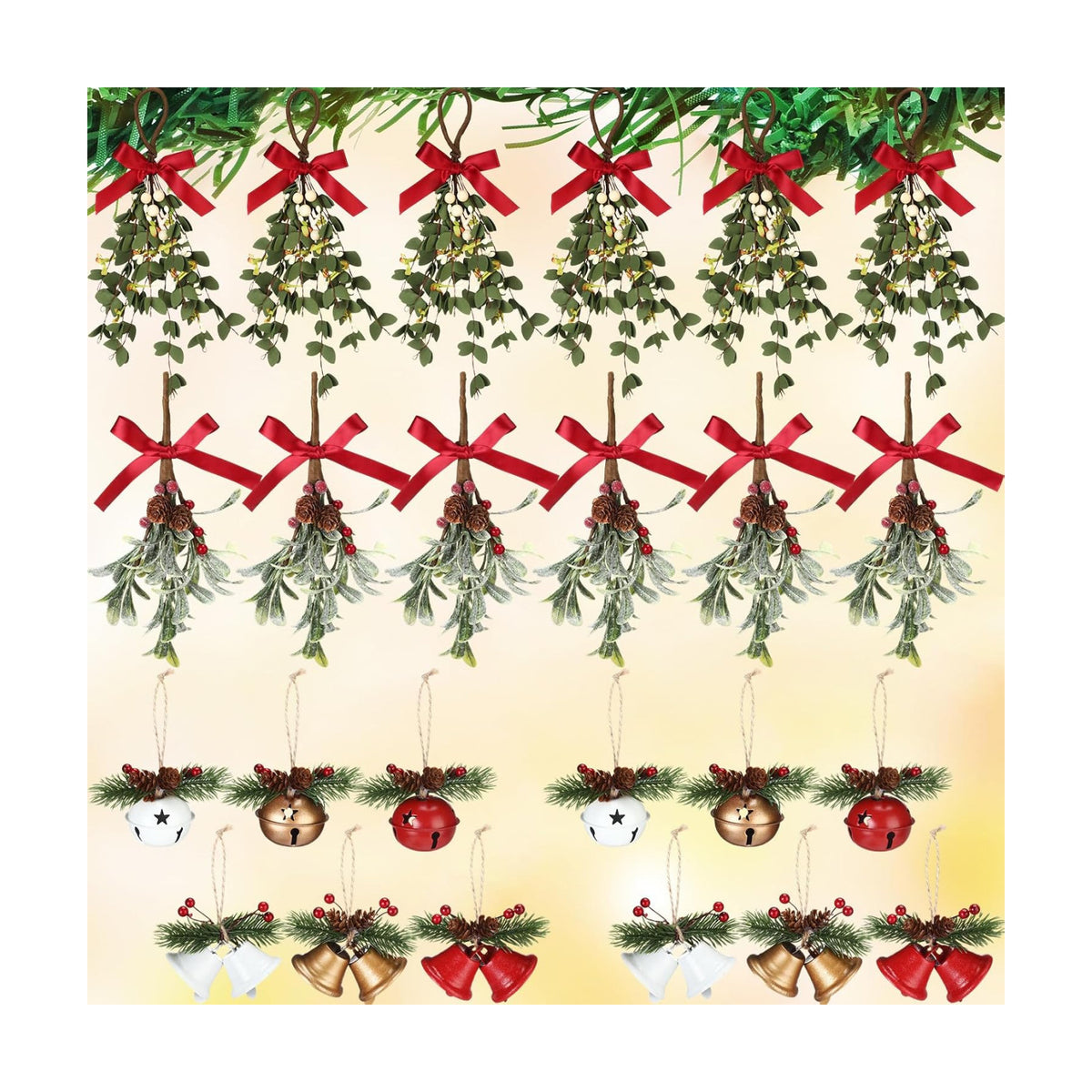 HyDren 24 Pcs Large Christmas Mistletoe Decor with Christmas Bells Ornament
