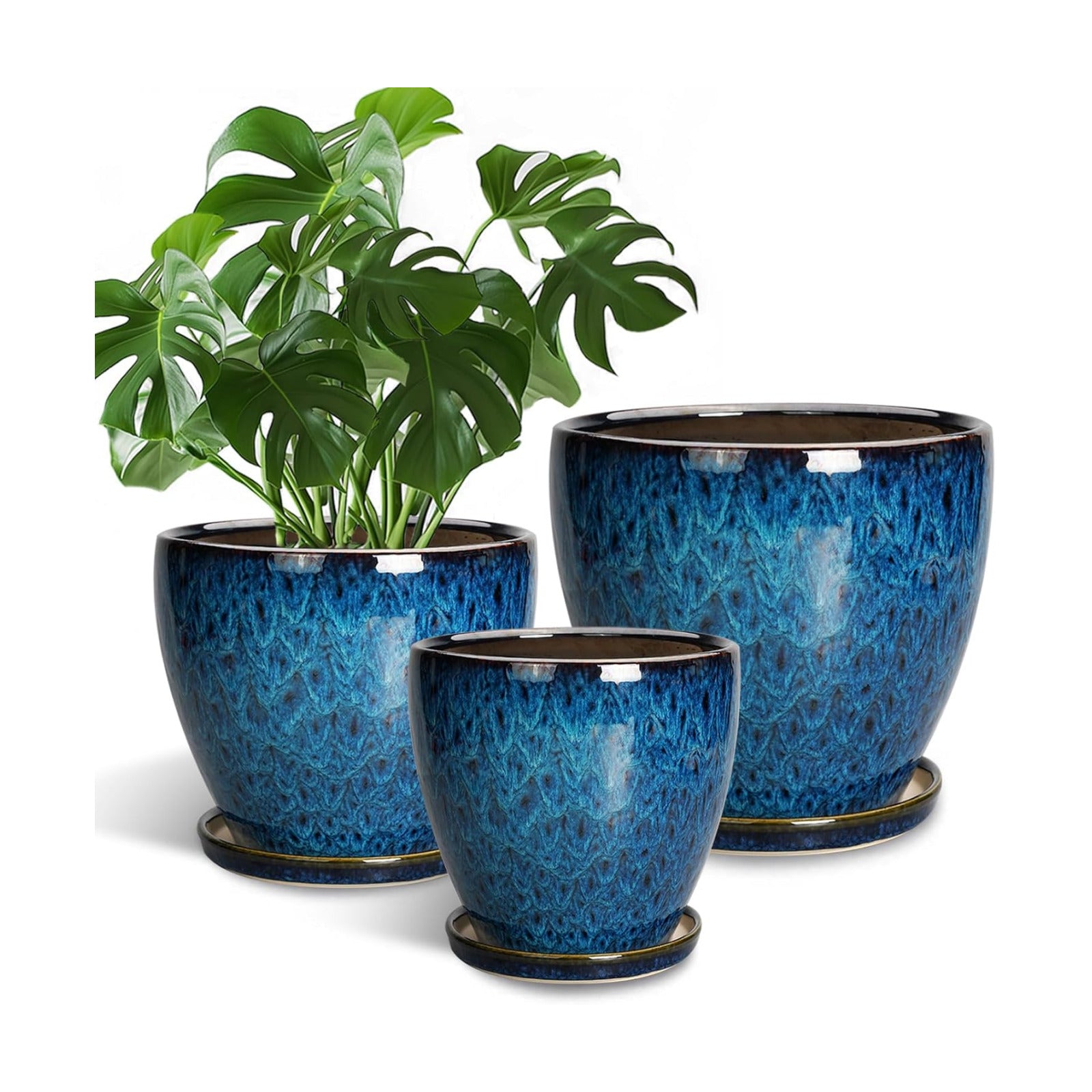 Plant Pots Indoor, Ceramic Planters Pots with Drainage Holes and Saucers, 10+8+6 Inch, Set of 3, Round Large Flower