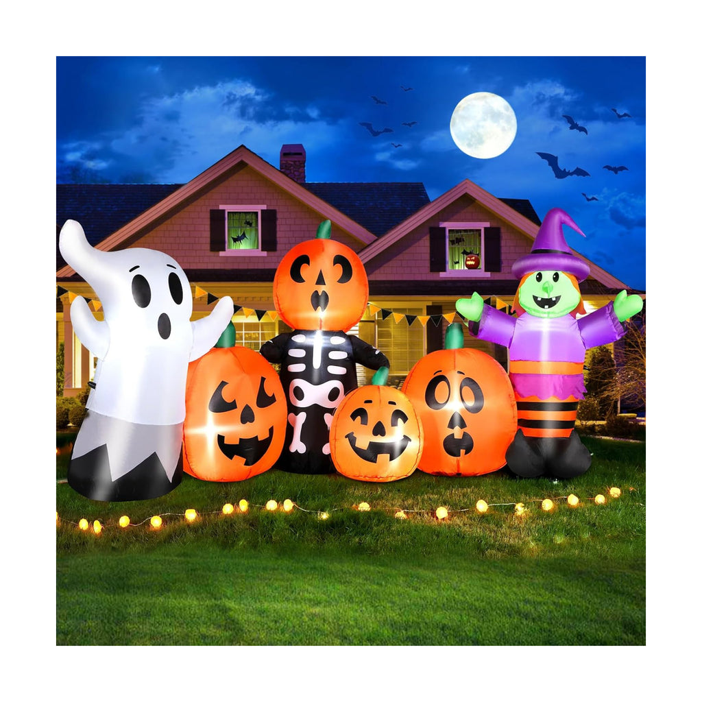 8 ft Halloween Inflatable Pumpkin Outdoor Decoration, Large Blow Up Witch, Ghost & Skeleton Decoration with Built-in LED Lights & Powerful Air Blower for Halloween Party Garden Yard Indoor Decor