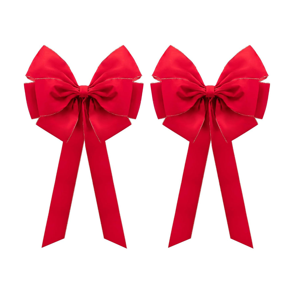 2 Pcs Large Christmas Bow, 35" x 17" Red Velvet Golden Edged Bows