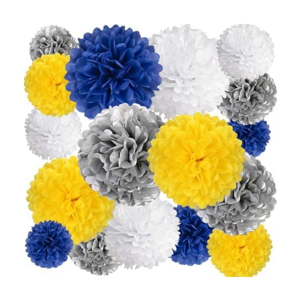 20 PCS Tissue Paper Pom Poms, Tissue Pom Poms Flowers, Sizes of 6", 10", 12", 14" Hanging Paper Flower Ball for Wedding, Birthday, Graduation, Baby Shower Party Decor (Yellow White Silver Blue)