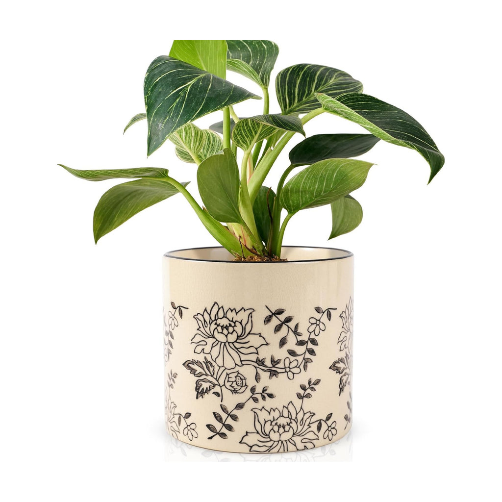 STHIE Indoor Ceramic Plant Pots with Drainage Holes, 5 Inch, Peony Design | Handmade Hand-painted Cute Planter Pots for