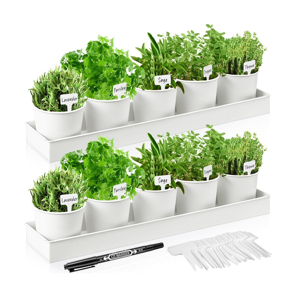 FoldTier 2 Sets Indoor Herb Garden Planter Kit with 10 Metal Pots, White | Metal Pots with Drainage Holes, Plant Labels
