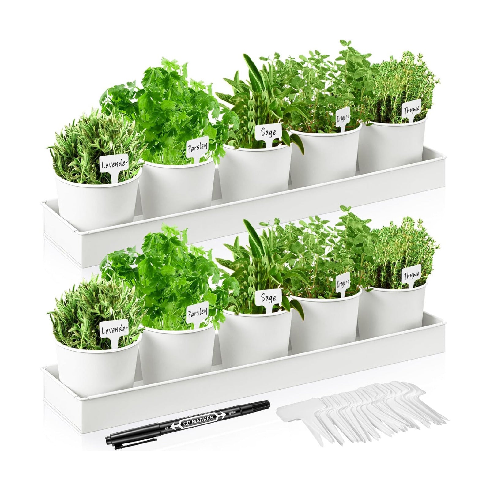 FoldTier 2 Sets Indoor Herb Garden Planter Kit with 10 Metal Pots, White | Metal Pots with Drainage Holes, Plant Labels