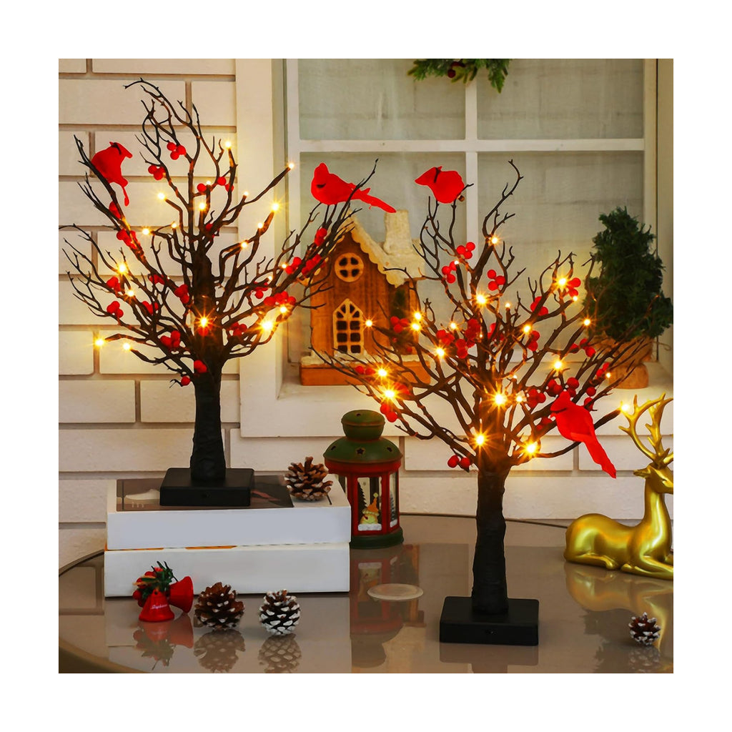 Realspring 2 Pcs Vintage Glowing Tree with Cardinals Christmas Lighted
