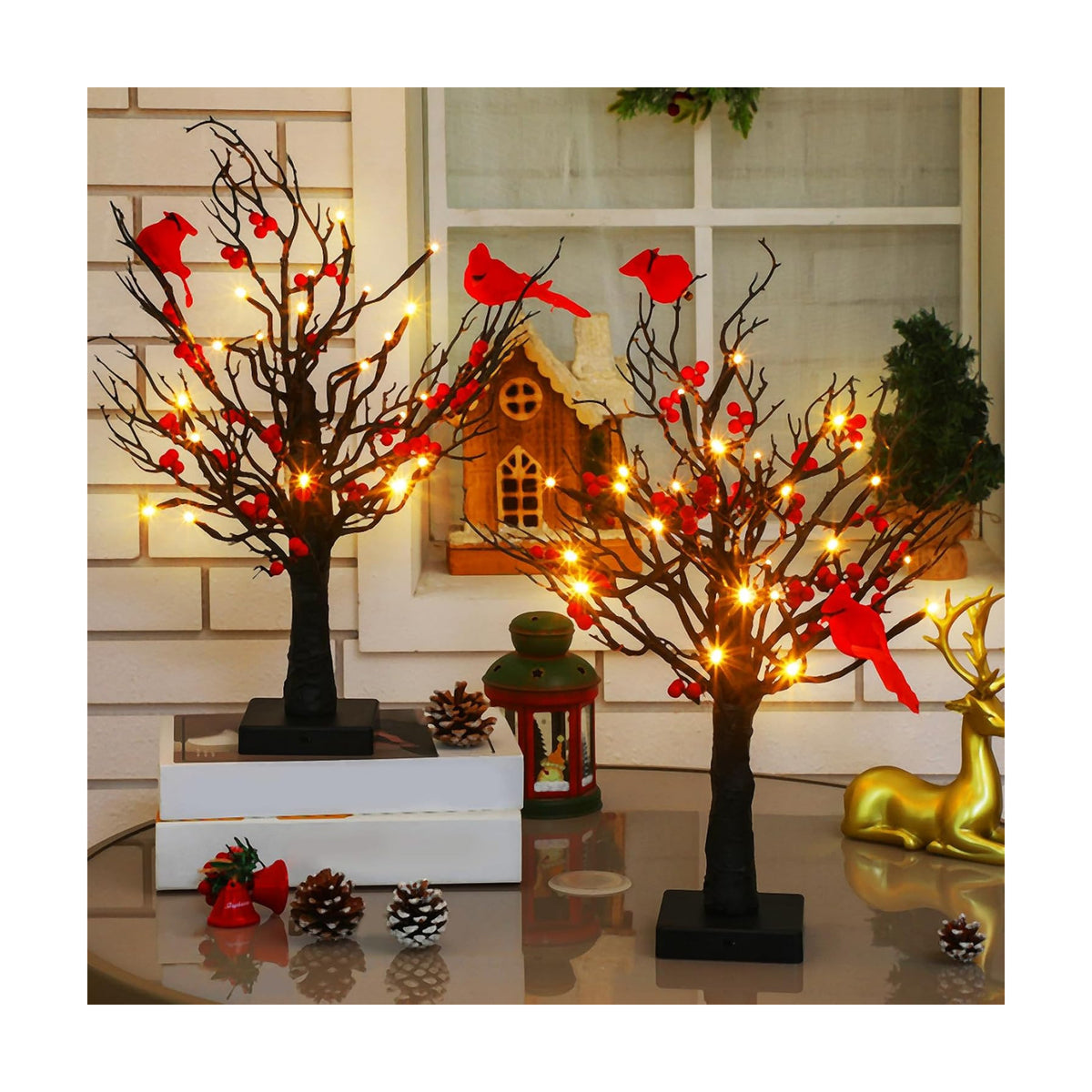 Realspring 2 Pcs Vintage Glowing Tree with Cardinals Christmas Lighted