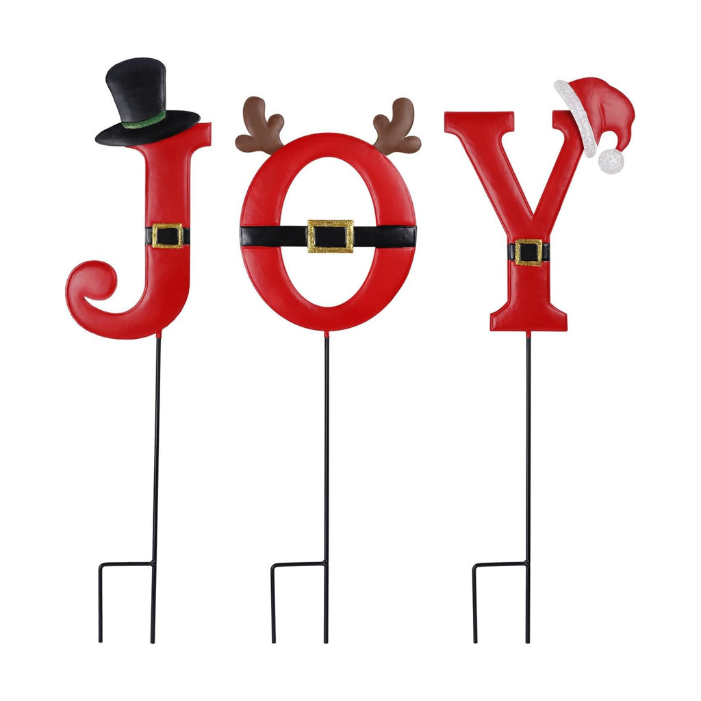 FORUP Joy Christmas Decorations - 3 Pcs Metal Garden Stakes for Outdoor Lawn Yard Decor