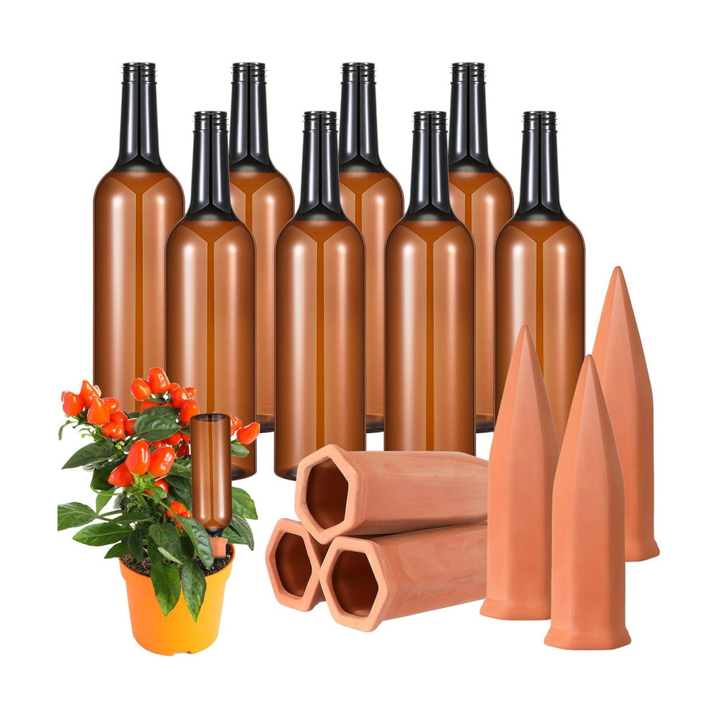 16 Pcs 8 Set Plant Watering Devices, Terracotta Watering Spikes with 25 oz Plastic Wine Bottles, Slow Release Vacation