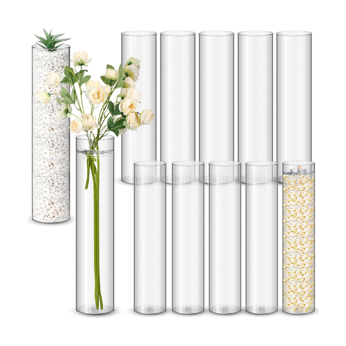 Nuogo 12 Pcs Clear Acrylic Cylinder Vases Wedding Centerpieces,16 Inch