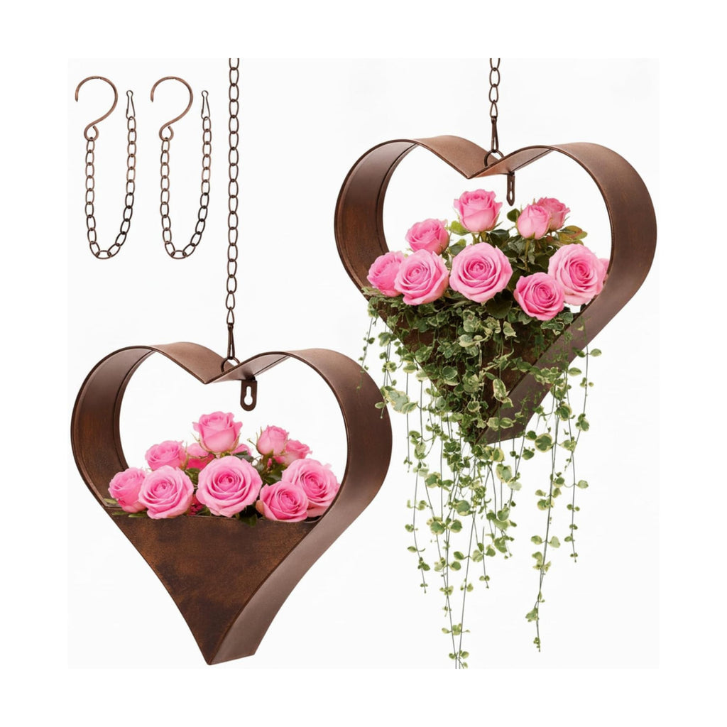 2 Pack Metal Plant Hangers Indoor and Outdoor Rustic Heart Shape Hanging Planters Holder Detachable Flower Pot with