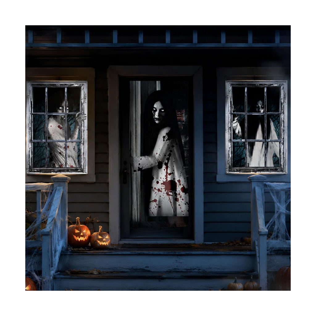 Fanfanwin 3 Pcs Halloween Door Window Cover Set Scary Decor, Female Ghost