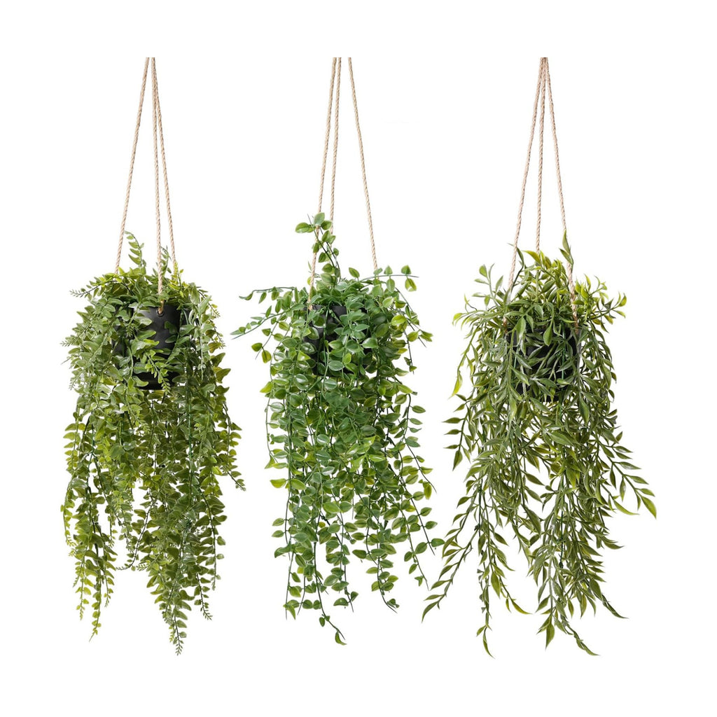 3 Packs Fake Hanging Plants with Black Pots for Wall Decor | 20" Long, Lifelike Cascading Greenery, Easy to Clean