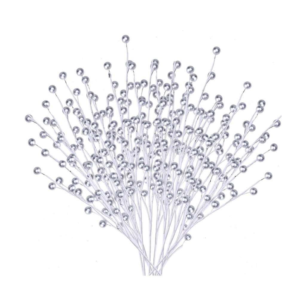 GREENTIME 12 Pack Artificial Silver Berry Stems 14" Fake Berry Picks