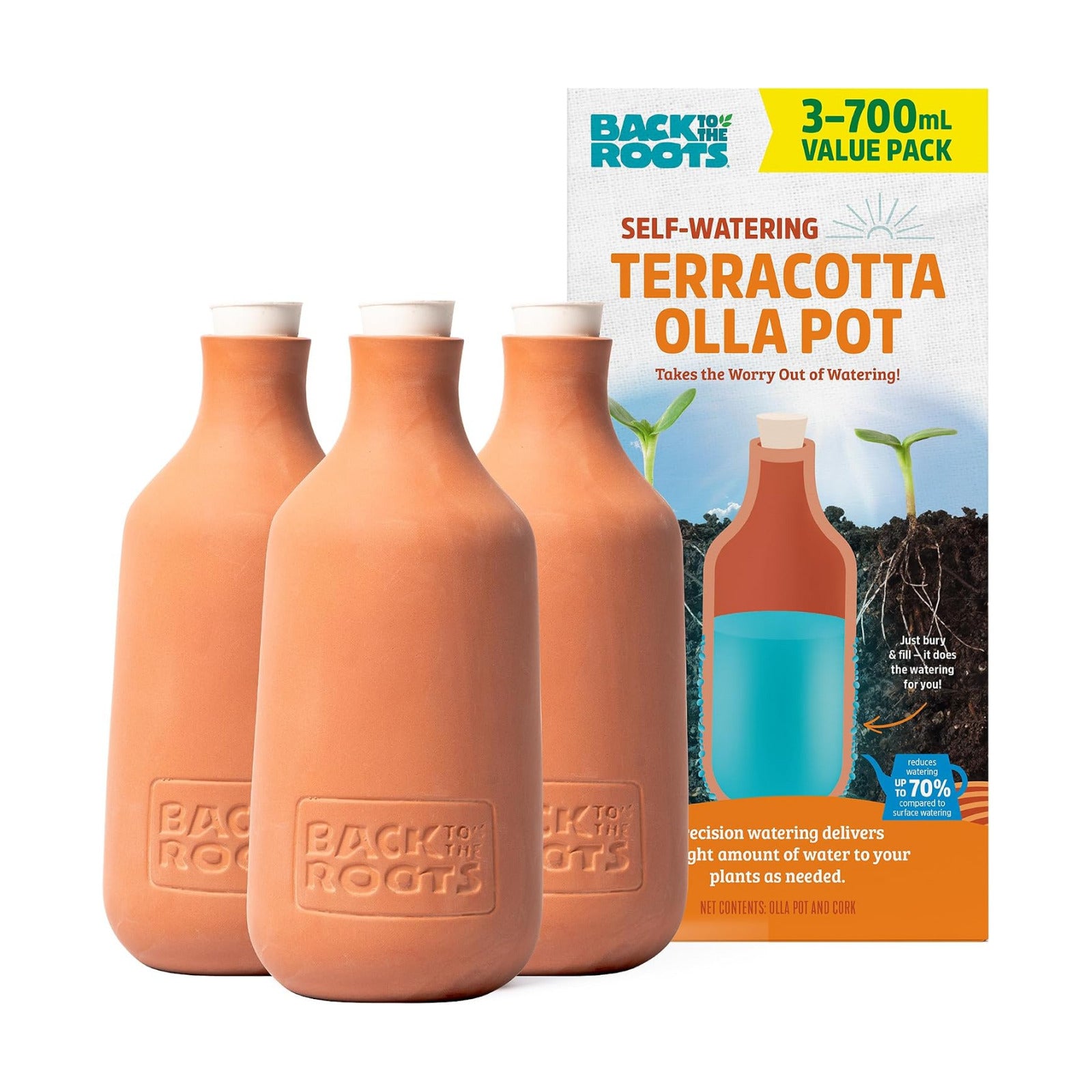Back to the Roots Self-Watering Terracotta Olla Pot (Pack of 3), 700mL Provides 1 Week of Precision Watering