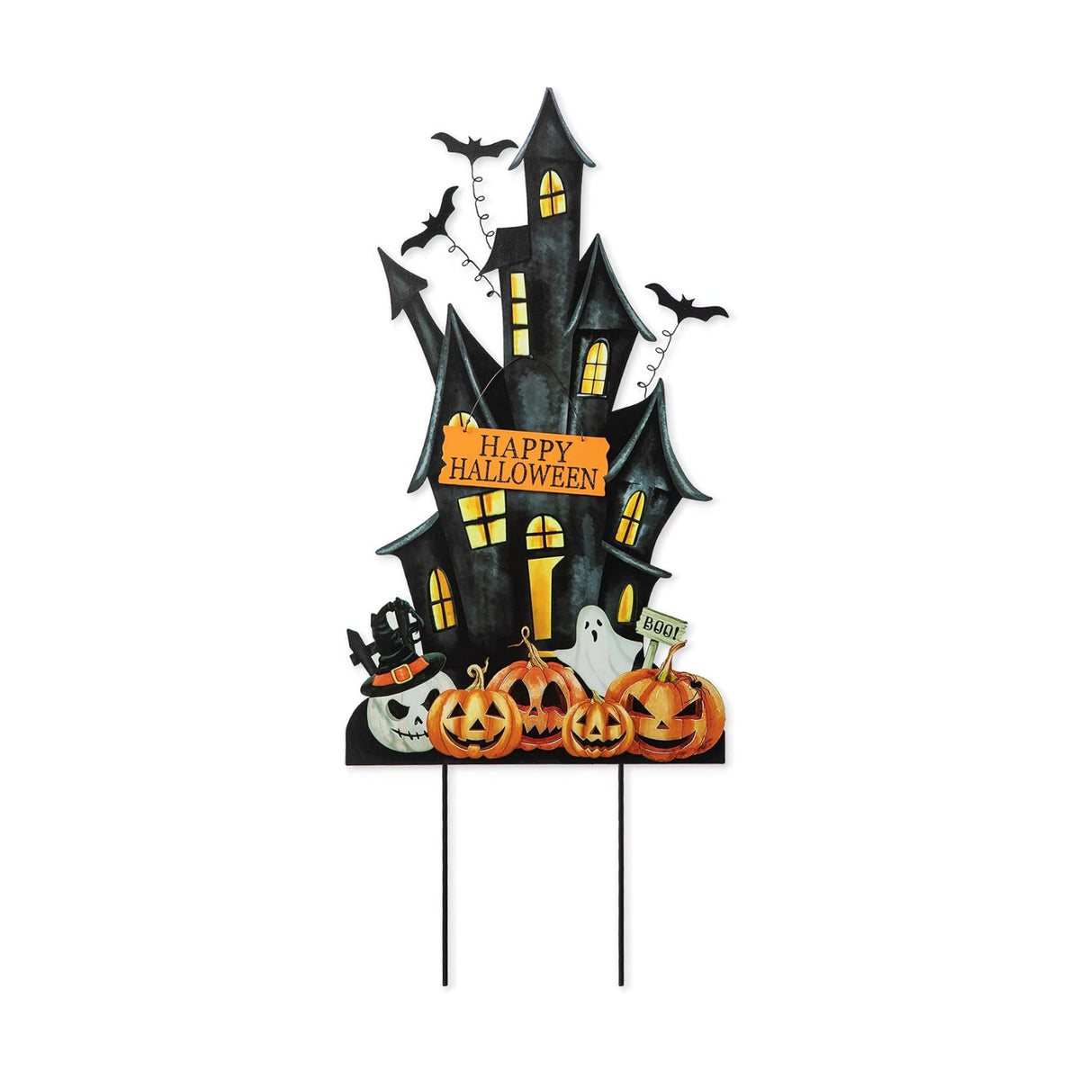 Glitzhome 32" H Halloween Metal Haunted House Yard Stake/Hanging Decor,Halloween Pumpkin Bats Ghost Garden Yard Sign for Lawn Decorations Outdoor Garden Halloween Party Decor
