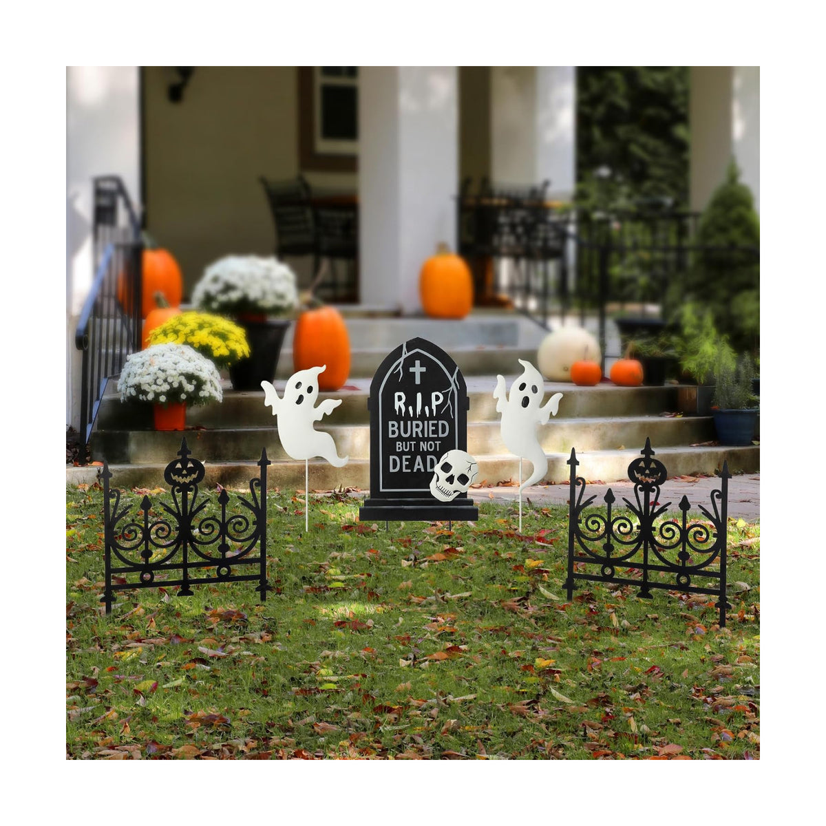 Glitzhome 24"H Set of 5 Halloween Metal Graveyard Tombstones Yard Stakes, Ghost Scary Yard Signs for Outside Lawn Garden Halloween Wall Decorations
