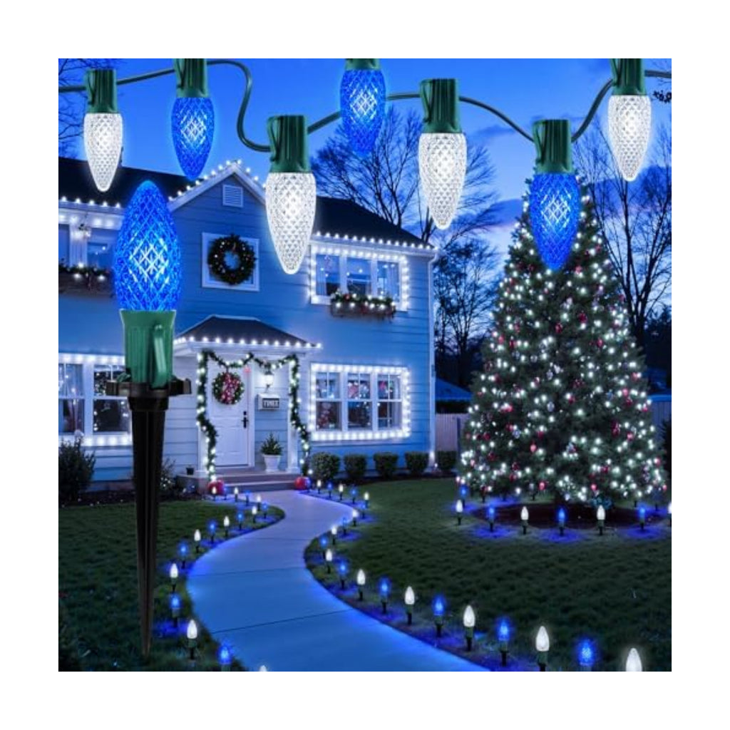 Brightown C9 Christmas Lights Outdoor, 25.7 Ft Strawberry C9 Christmas Pathway Lights with 20 LED Bulbs and Stakes, Christmas Decorations Outside Walkway Sidewalk Holiday, Blue and White