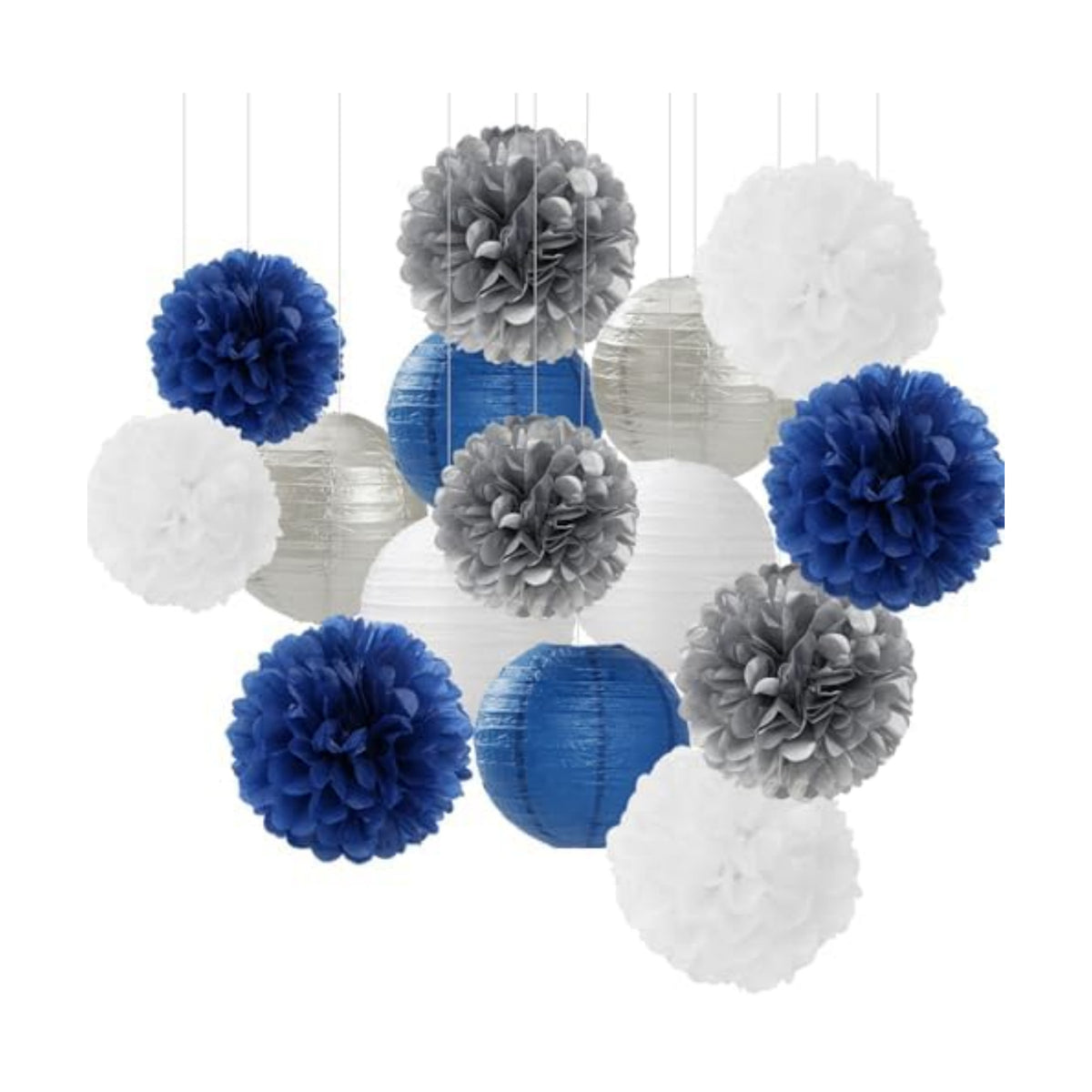 Navy-Blue Silver Party-Decorations Paper-Flowers Lanterns - 15PCS Birthday Royal White Wedding Tissue Pom Poms Streamers,Baby Bridal Shower Bachelorette Graduation Hanging Supplies Decor Hugfond