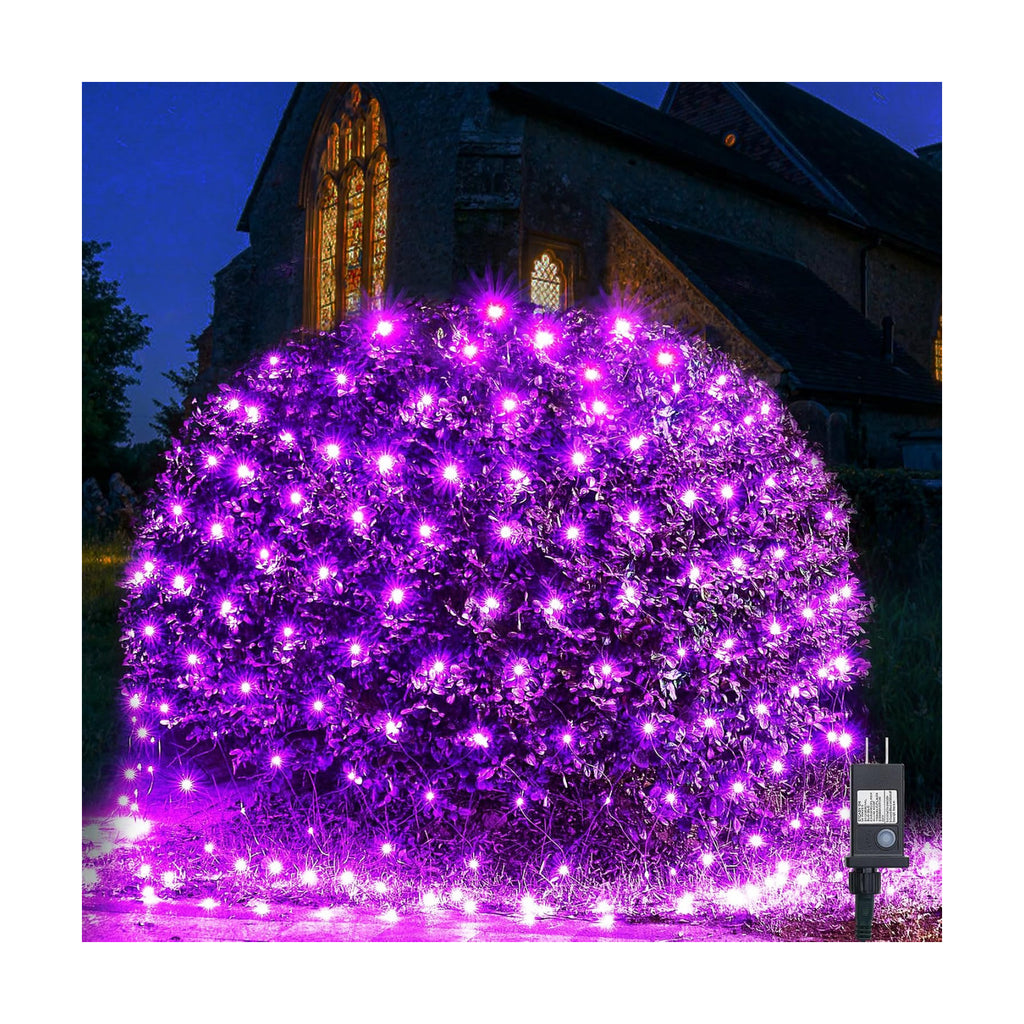 WBao Halloween Lights Outdoor 200LED 8.4ft x 5.2ft Purple Net Lights with 8 Modes, Timer, UL Certified, Connectable, Waterproof & Dark Green Wire for Lawn, Bushes, Trees, Outdoor Halloween Decorations