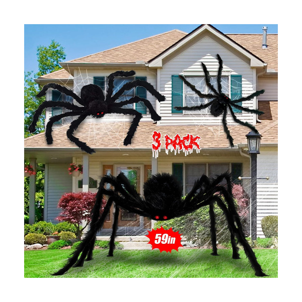 3 Packs Halloween Giant Spider Decorations Outdoor Indoor (59", 49", 35")