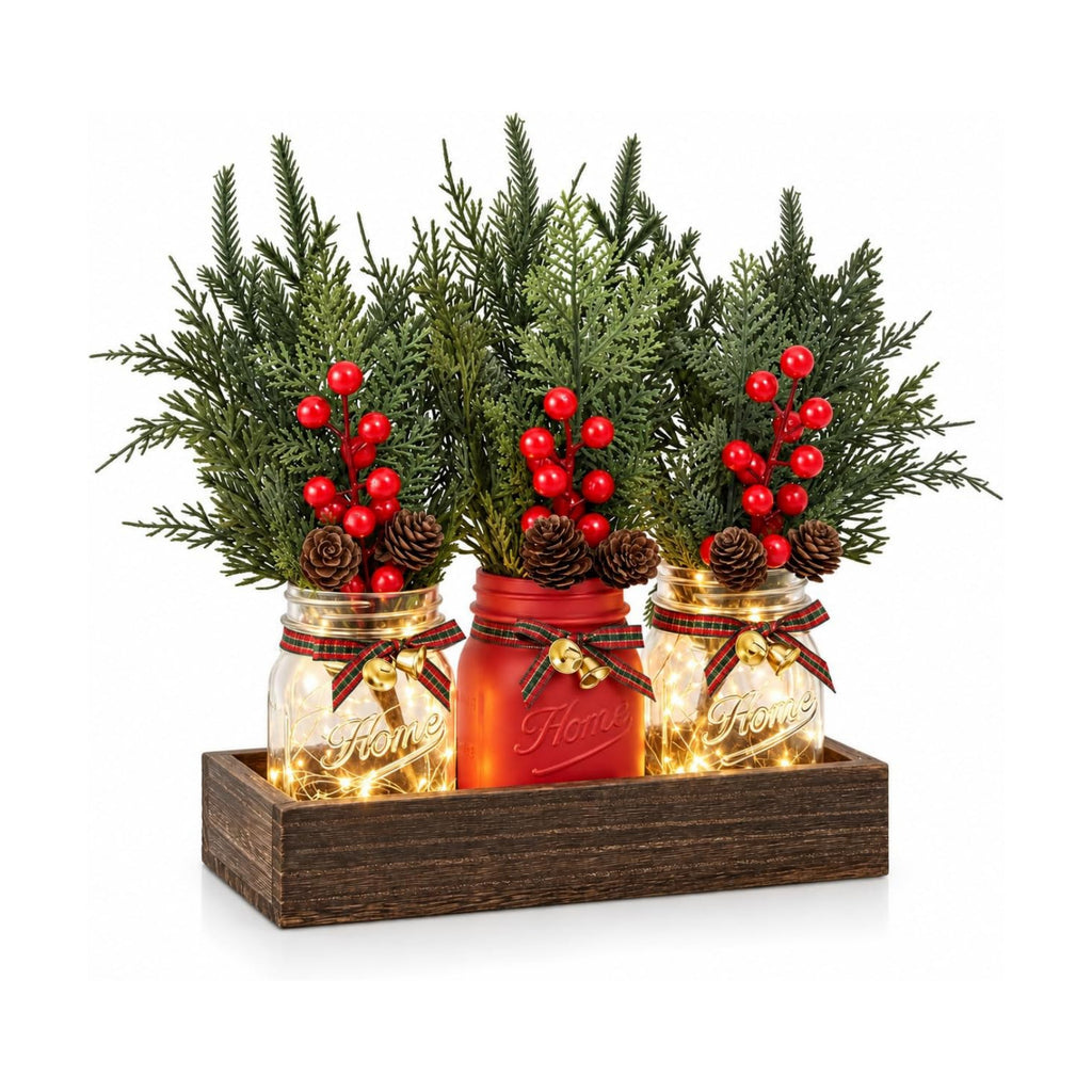 Mason Jar Christmas Table Decor, Winter Xmas Centerpieces for Tables