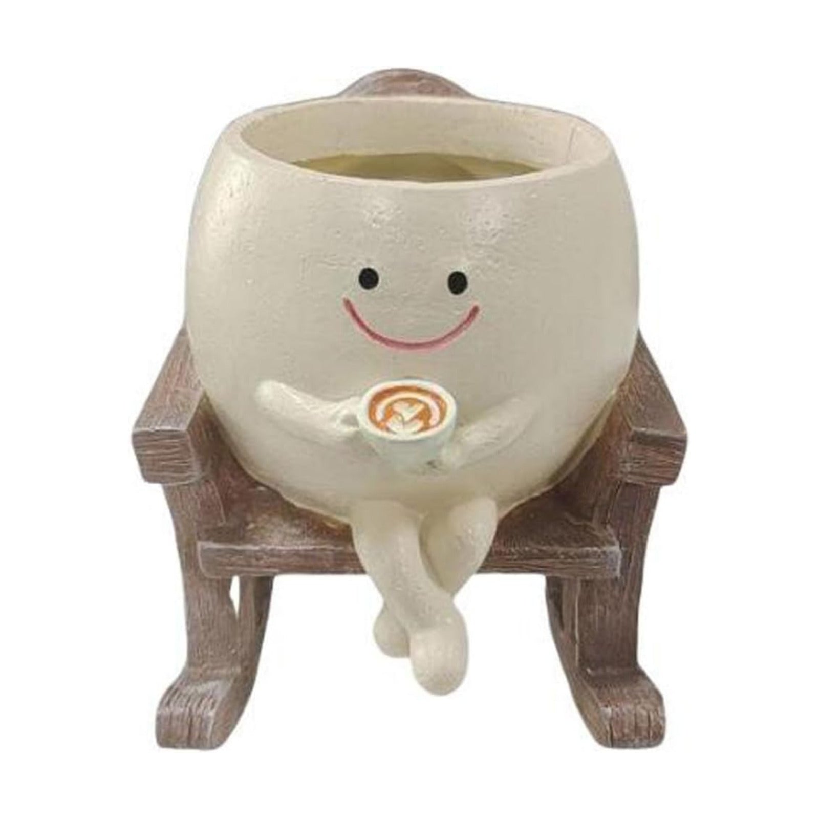 Funny Succulent Pots Rocking Chair Plant Pot With Coffee In Hand,Smily Face Planter Pot Cute Resin Flower Head Planters