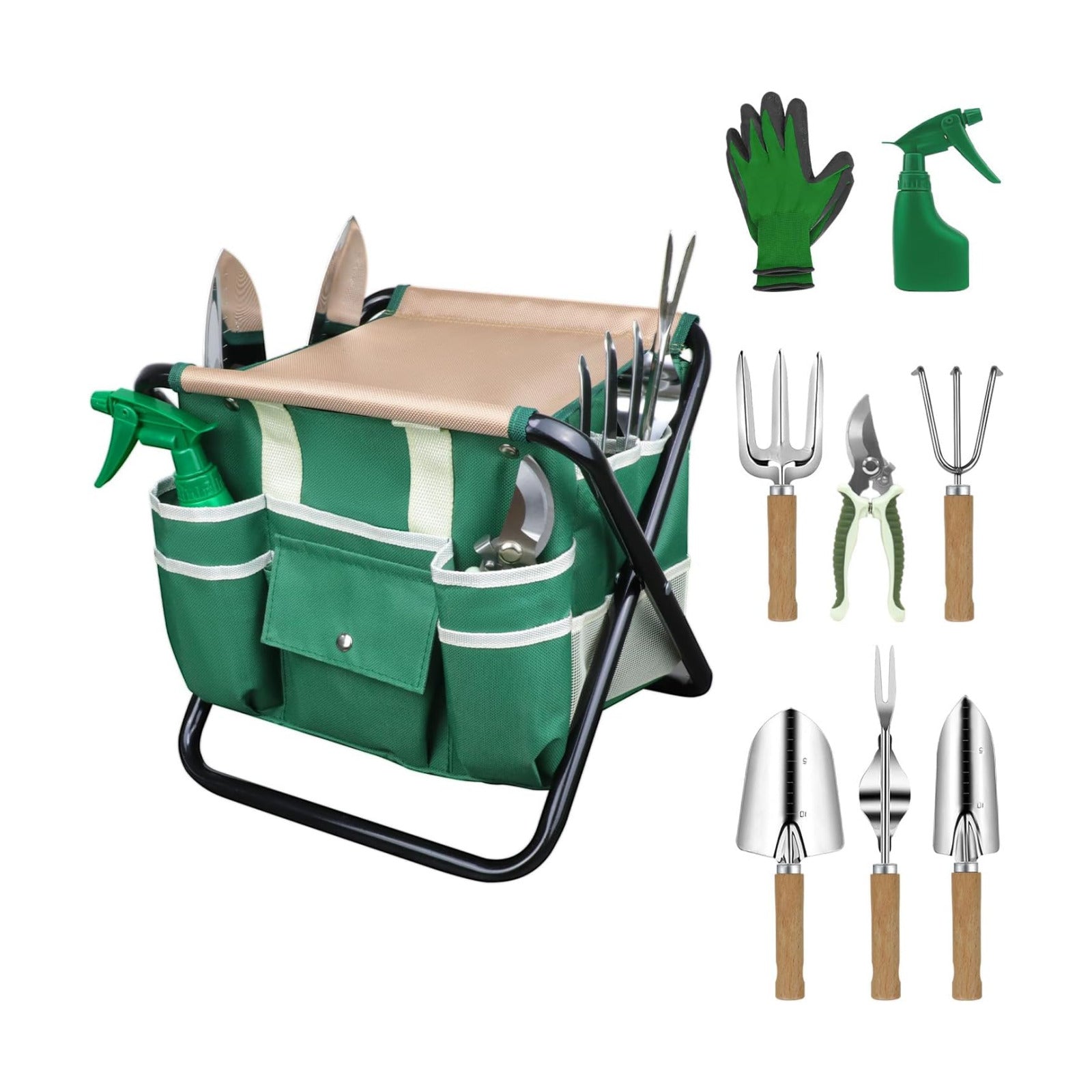Garden Tool Set,10 Pieces Heavy Duty Gardenting Tool Kit, Folding Stool with Detachable Tote Bag, Thicker Stainless