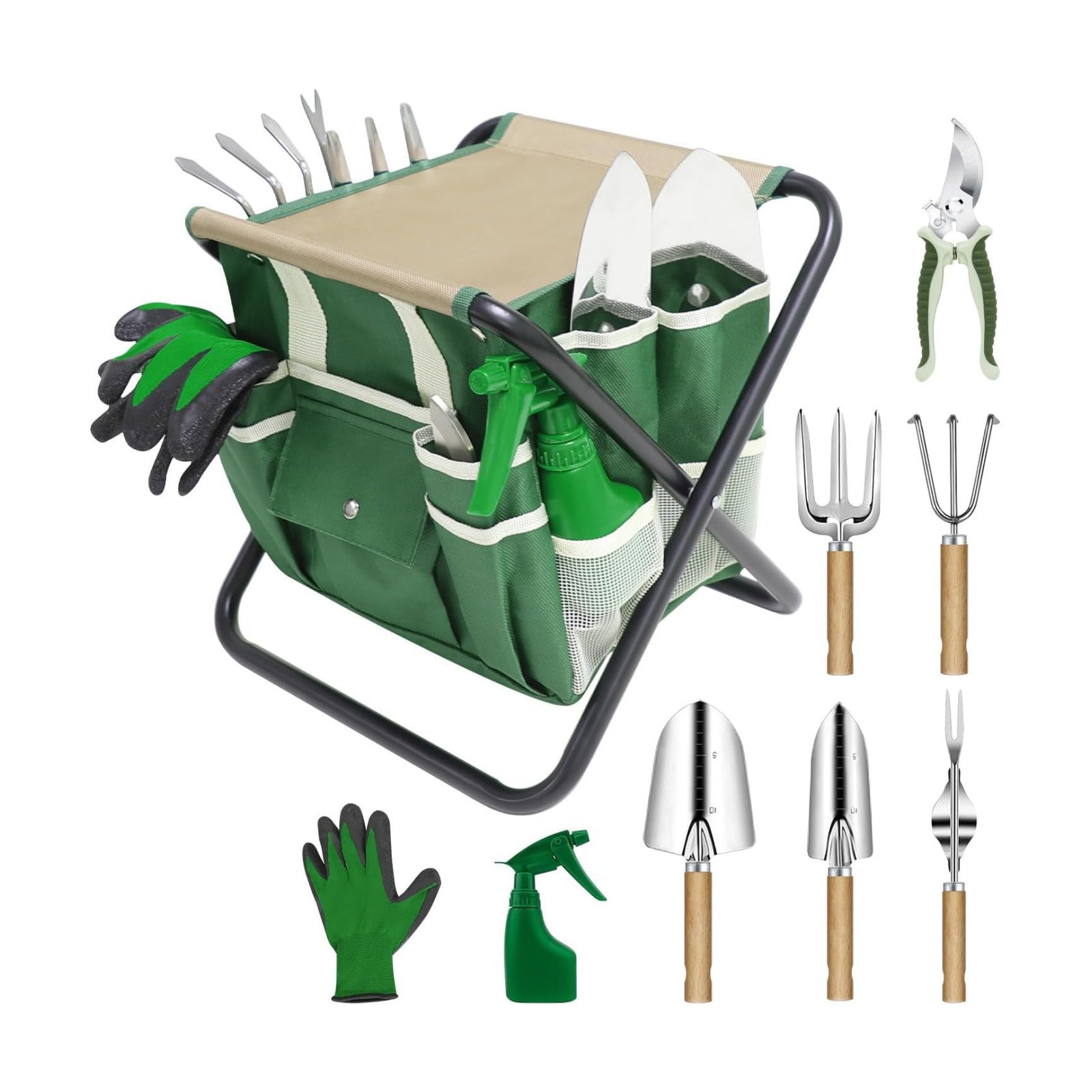 Garden Tool Set, 10 Piece Kit with Heavy Duty Folding Stool, Detachable Storage Tote Bag, Stainless Steel Tools, Gifts