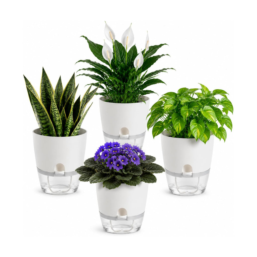 6 Inch Self Watering Planters 4 Pack Plastic Wicking Pots White