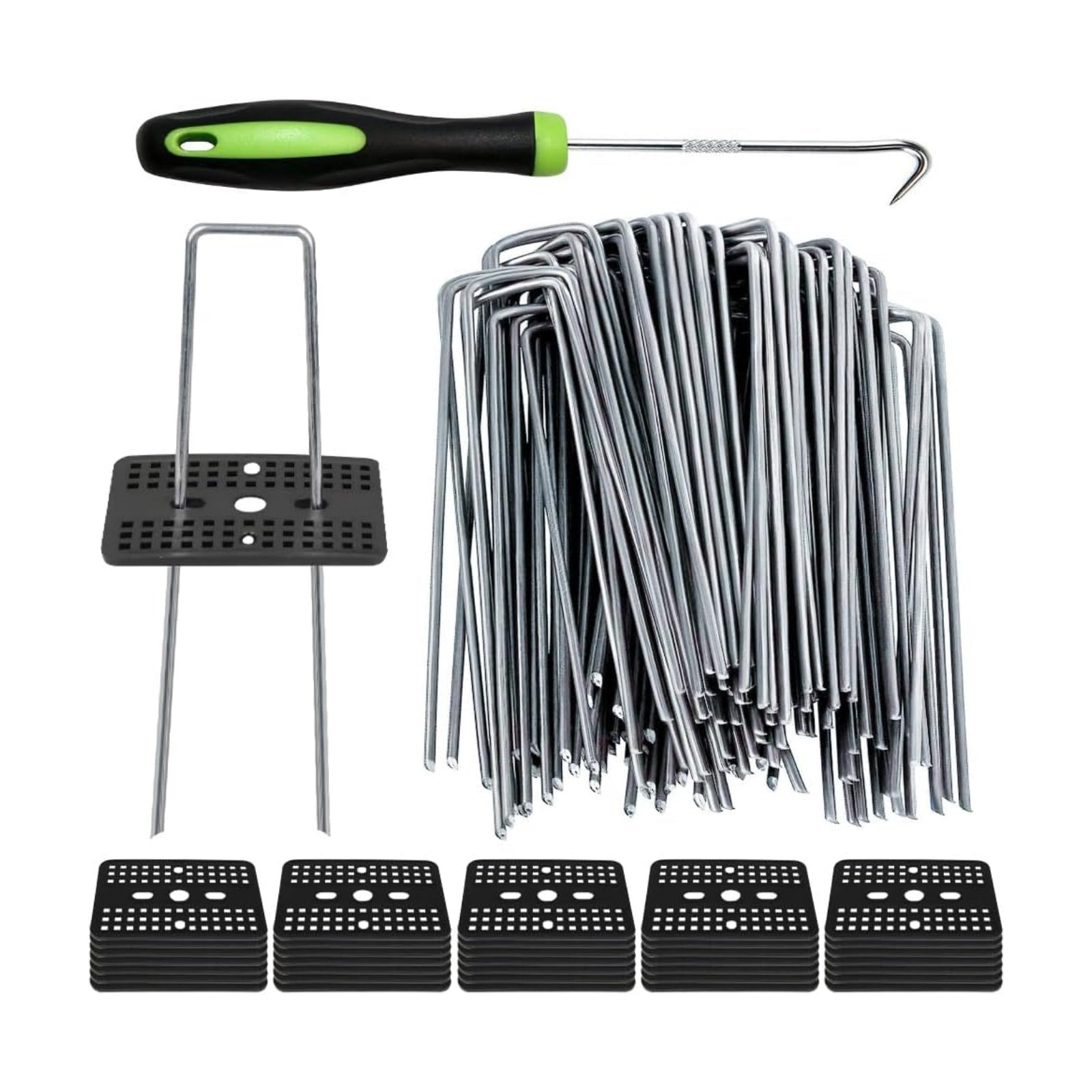 Bakulyor 100 Pcs Landscape Staples + 100 Pcs Gasket, 6 Inch Garden Stakes Staples 11 Gauge U Shaped Galvanized Lawn