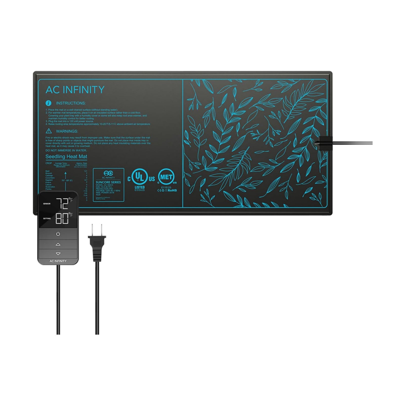AC Infinity SUNCORE H3 Seedling Mat 25x50cm with Digital Thermostat Control | Provides Exact Temperature Levels