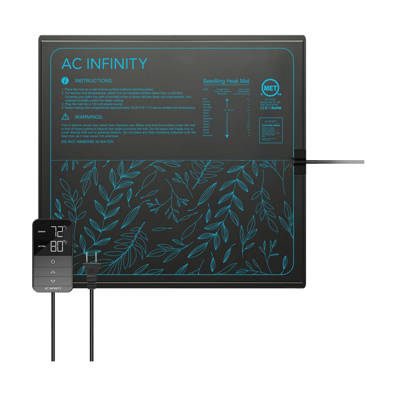 AC Infinity SUNCORE H5 Seedling Mat 50x50cm w/ Digital Thermostat Control | Provides Exact Temperature Levels