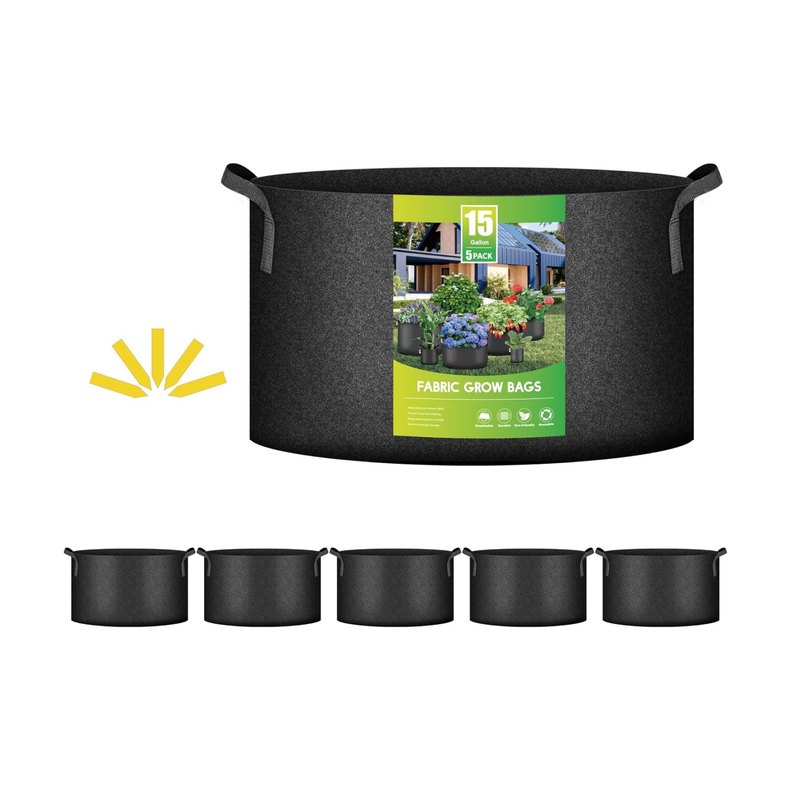 iPower 5-Pack 15 Gallon Plant Grow Bags Thickened Nonwoven Aeration Fabric Pots Heavy Duty Durable Container, Strap