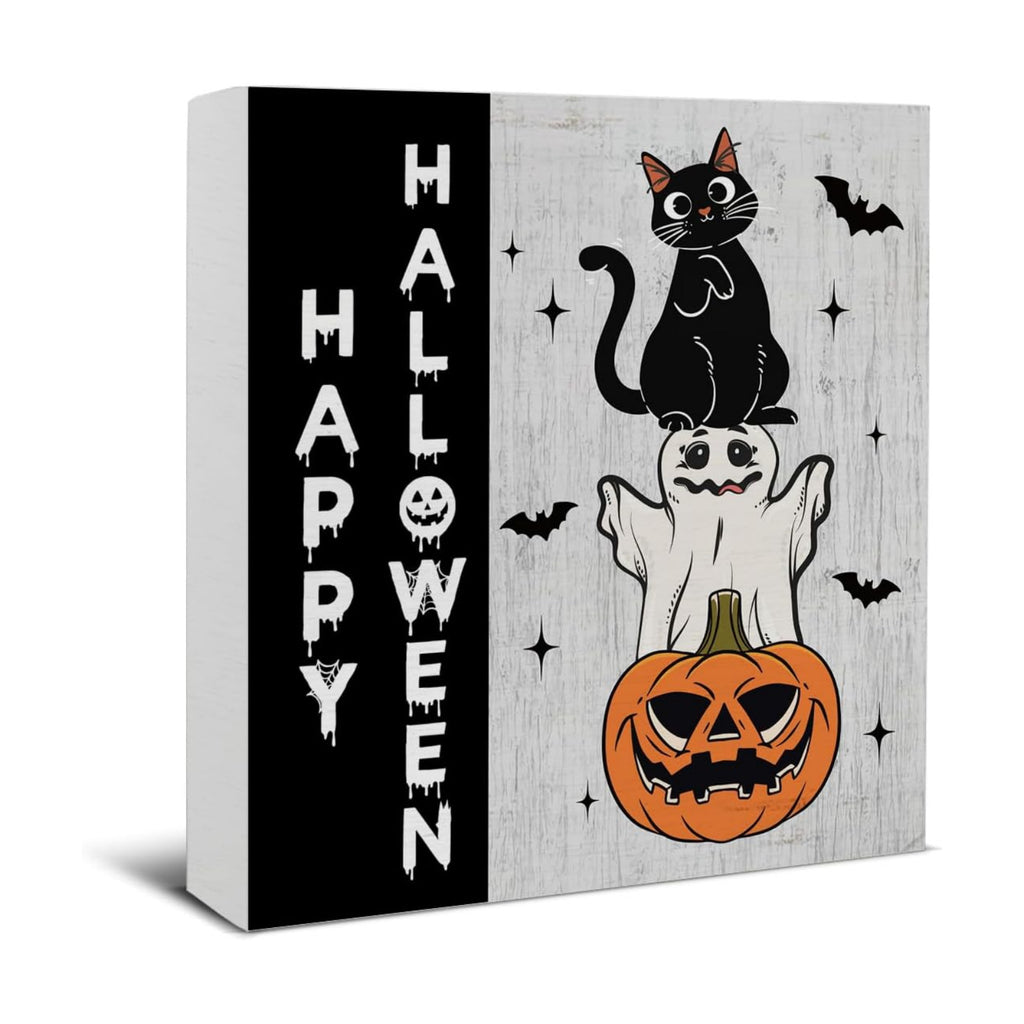 Happy Halloween Wooden Decor, Ghost Cat Pumpkin Block Sign