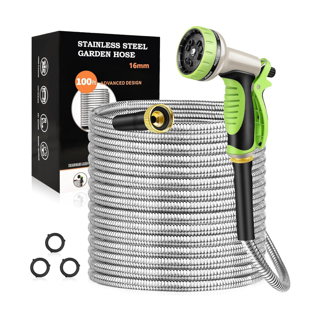 GOXAWEE 100FT Garden Hose, Stainless Steel Water Hose, 10 Function Nozzle | Heavy Duty Metal Water Hose (No-Kink, Tough