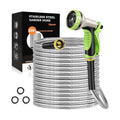 GOXAWEE 100FT Garden Hose, Stainless Steel Water Hose, 10 Function Nozzle | Heavy Duty Metal Water Hose (No-Kink, Tough