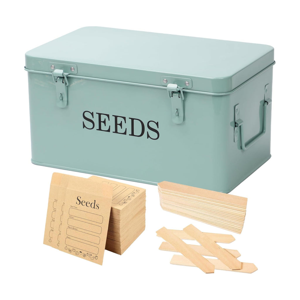 Large Modern Green Rectangular Metal Seed Storage Box with 4 Compartments and 40 Envelopes and 20 Bamboo Plant Labels