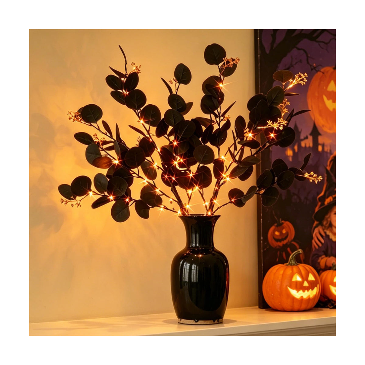 Hairui Lighted Black Eucalyptus Branches with Timer 80 LED Orange and Warm White Fairy Lights, Halloween Tree Branches with Lights 32 in with 10 Functions for Home Fall Halloween Decoration