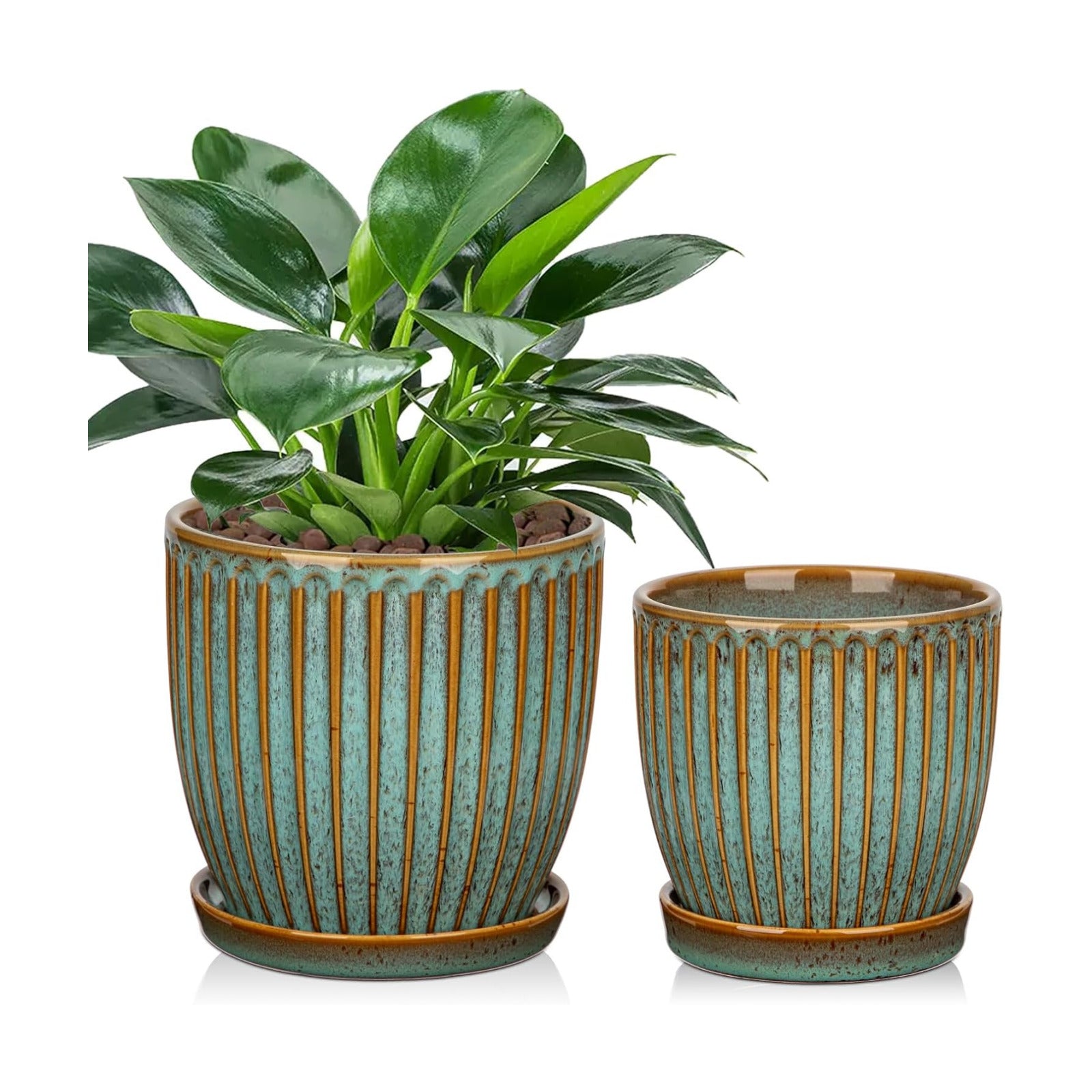 Oairse Ceramic Pots for Indoor Plants, 4.9 + 5.7 Inch Set of 2 Bluish Grey With Drainage Holes and Saucers, Texture