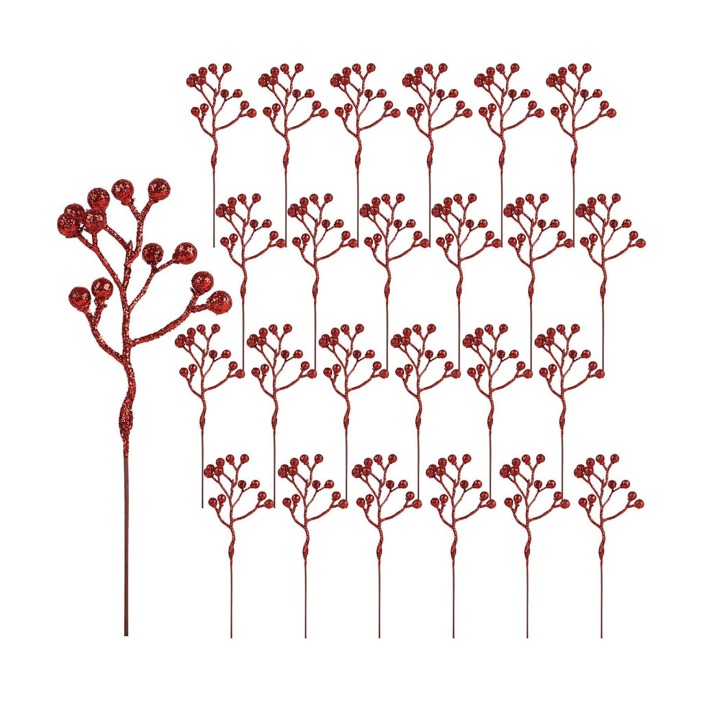CCINEE 24 Pack Christmas Artificial Red Berry Stems,6.9 Inch Xmas Red Glitter Berry Picks Holly Branches for Christmas Tree Ornaments Xmas Wreath DIY Crafts Home Holiday Decor