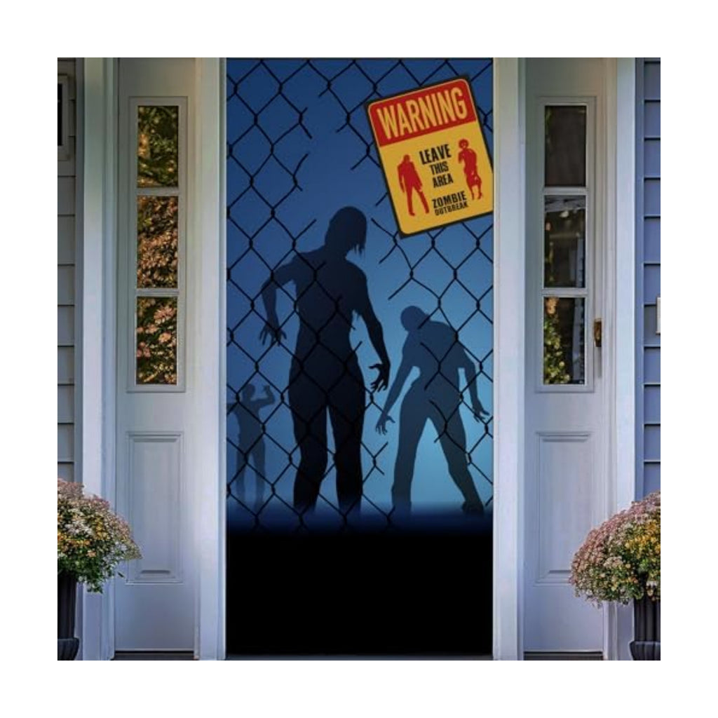 Halloween Door Backdrop Banner Warning Zombies Leave This Area Creepy Devil Go Crazy Terror Theme Scary Halloween Party Decoration Supplies for Women Men 80x35 Inch