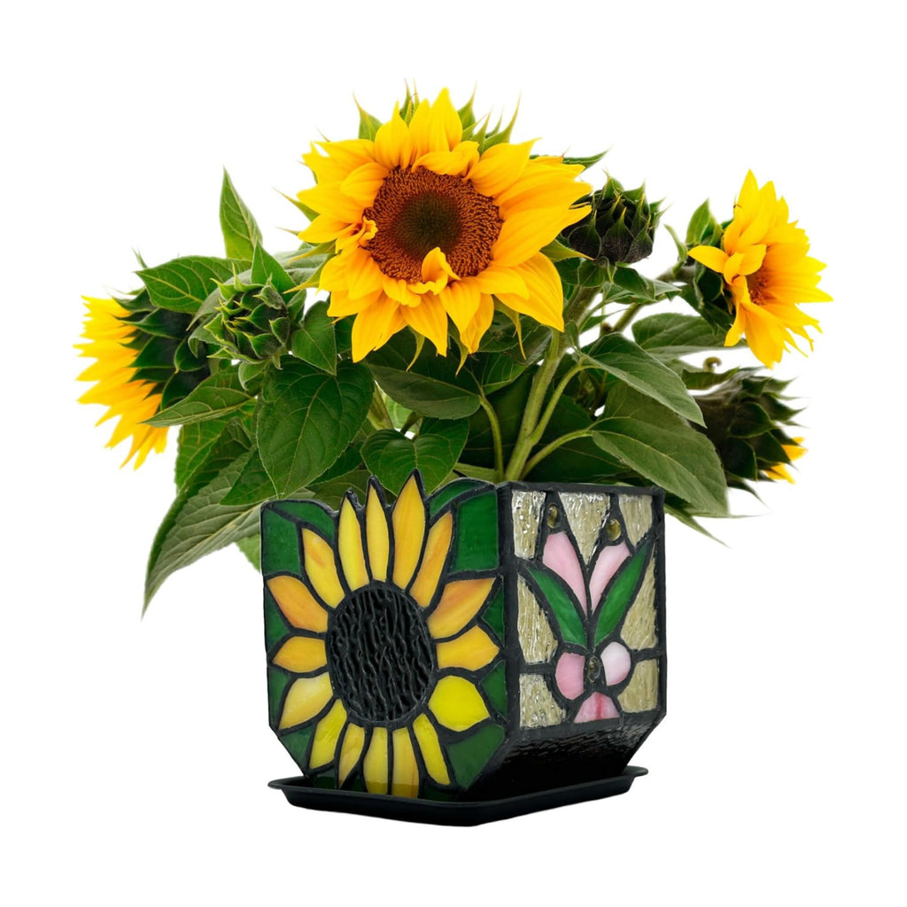Stained Glass Sunflower Garden Planters,Indoor Plant Pots with Drainage,Unique Plant Pots for Dried Flowers,Sunflower