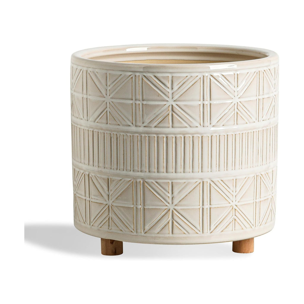 Ceramic Plant Pot with Foots: 10 Inch Planter with Wooden Legs - Large Pots for Indoor Plants - Modern Flower Pot for