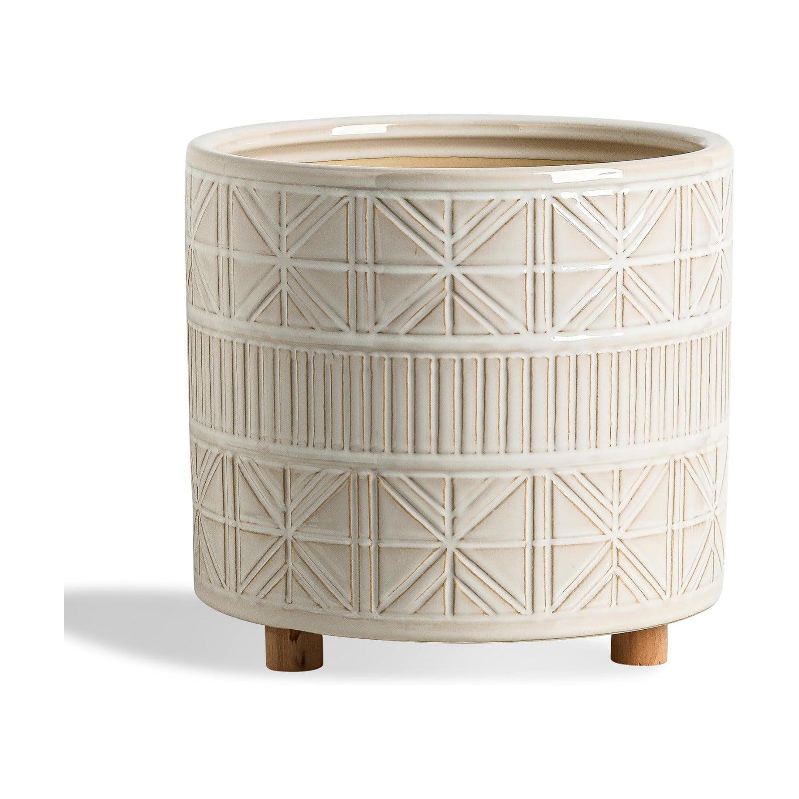 Ceramic Plant Pot with Foots: 10 Inch Planter with Wooden Legs - Large Pots for Indoor Plants - Modern Flower Pot for