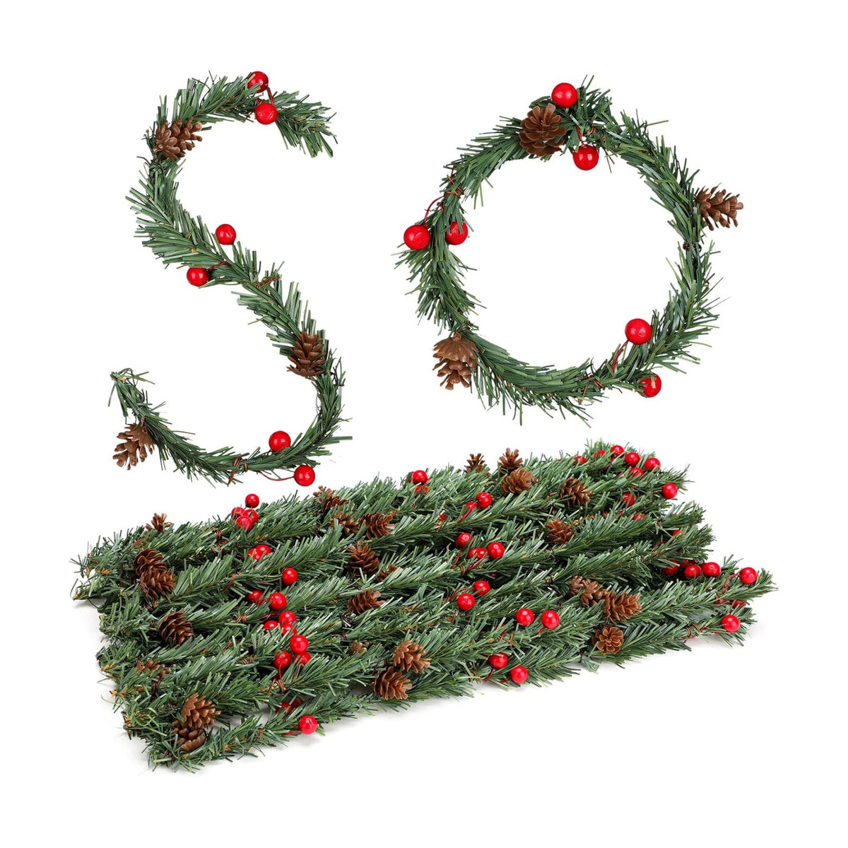 Jutom 24 Pcs Christmas Garland Ties 13.7" Christmas Garland Twist Ties with Red Berries and Pine Cones Xmas Artificial Pine Garland for Christmas Decoration Craft Gift Wrapping Holiday Banister Decor